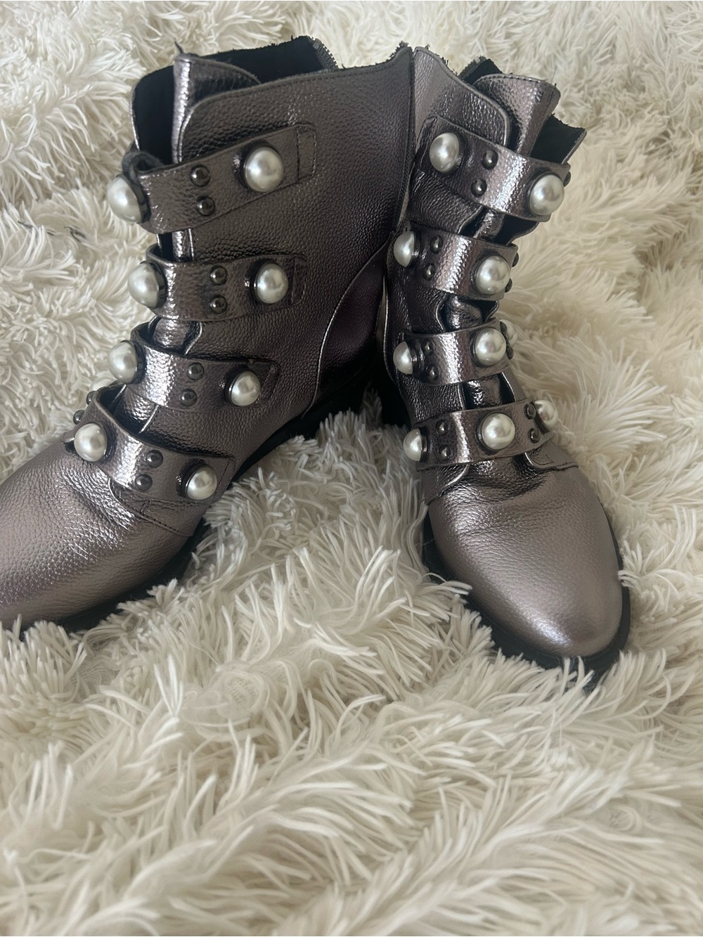Karl Lagerfeld Metallic Gunmetal Pearl-Strap Lace-Up Ankle Boots